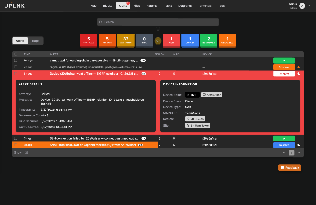 UPLNK alerts dashboard with color-coded P25 network severity levels and jump-to-device navigation