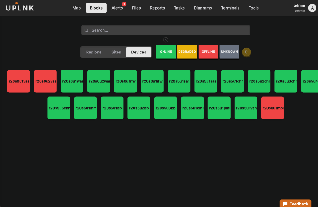 UPLNK Blocks color-coded device grid and geographic Map view of P25 device status