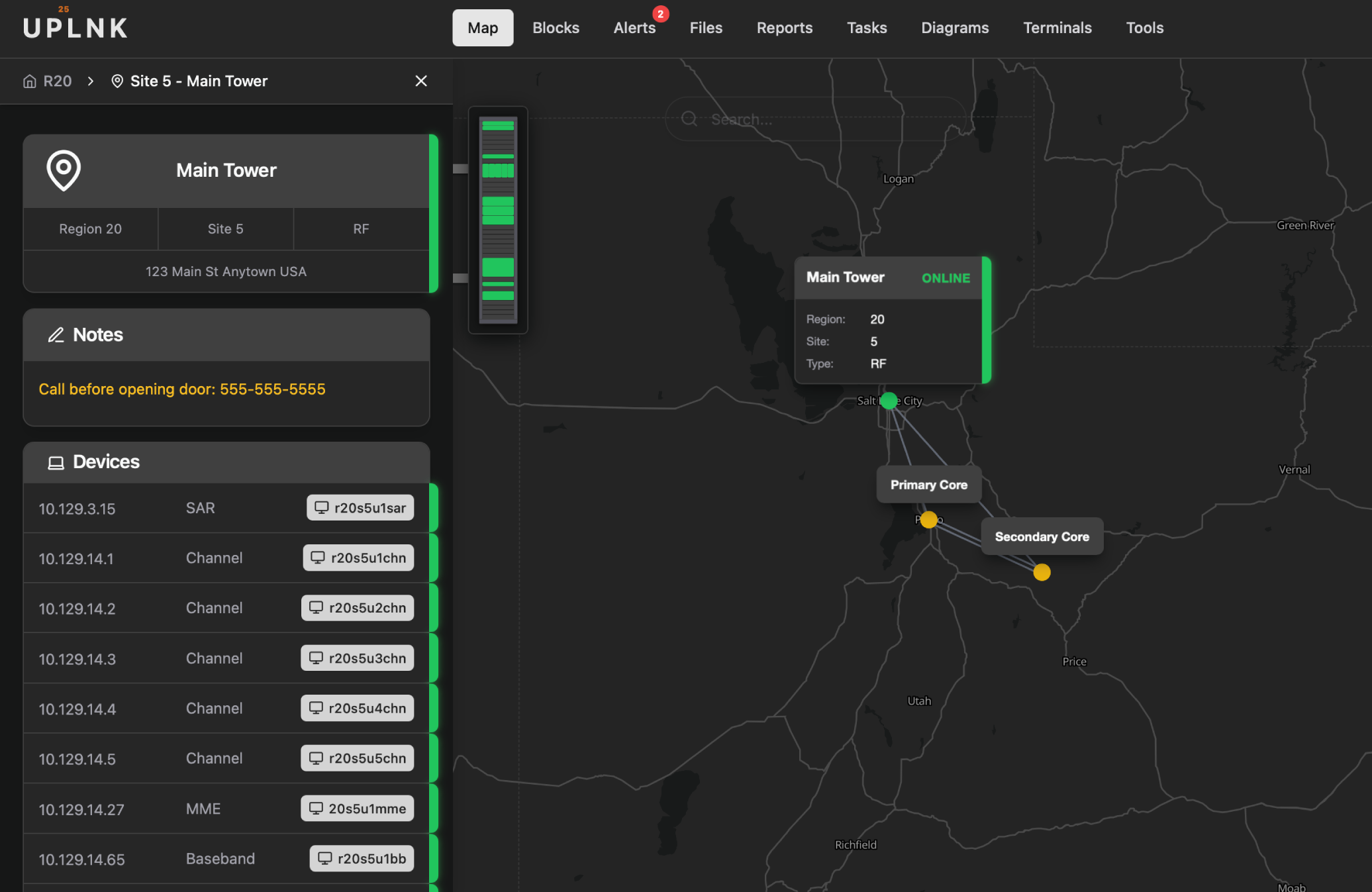 UPLNK P25 network management dashboard showing live device status across the network