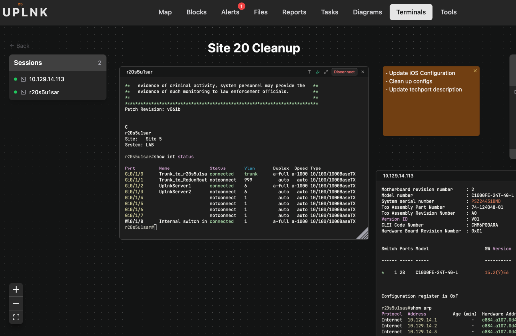 UPLNK collaborative in-browser SSH and Telnet terminal board with live device sessions